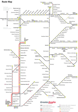 Cartina della rete ferroviaria Abellio Greater Anglia